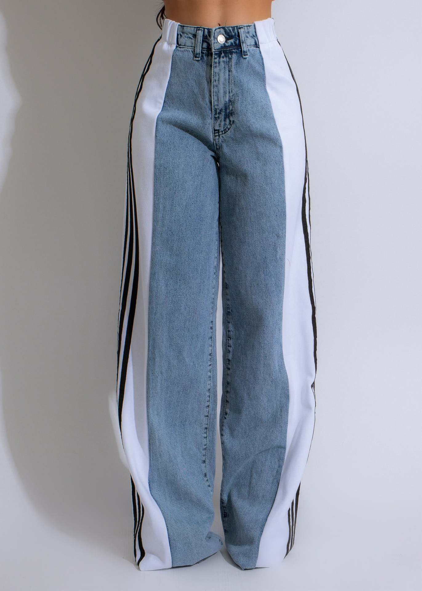 2025 Fashion Casual High Waist Elastic Straight Leg Denim Trousers – Three Stripe Patchwork Wide Leg Pants hanyelevate