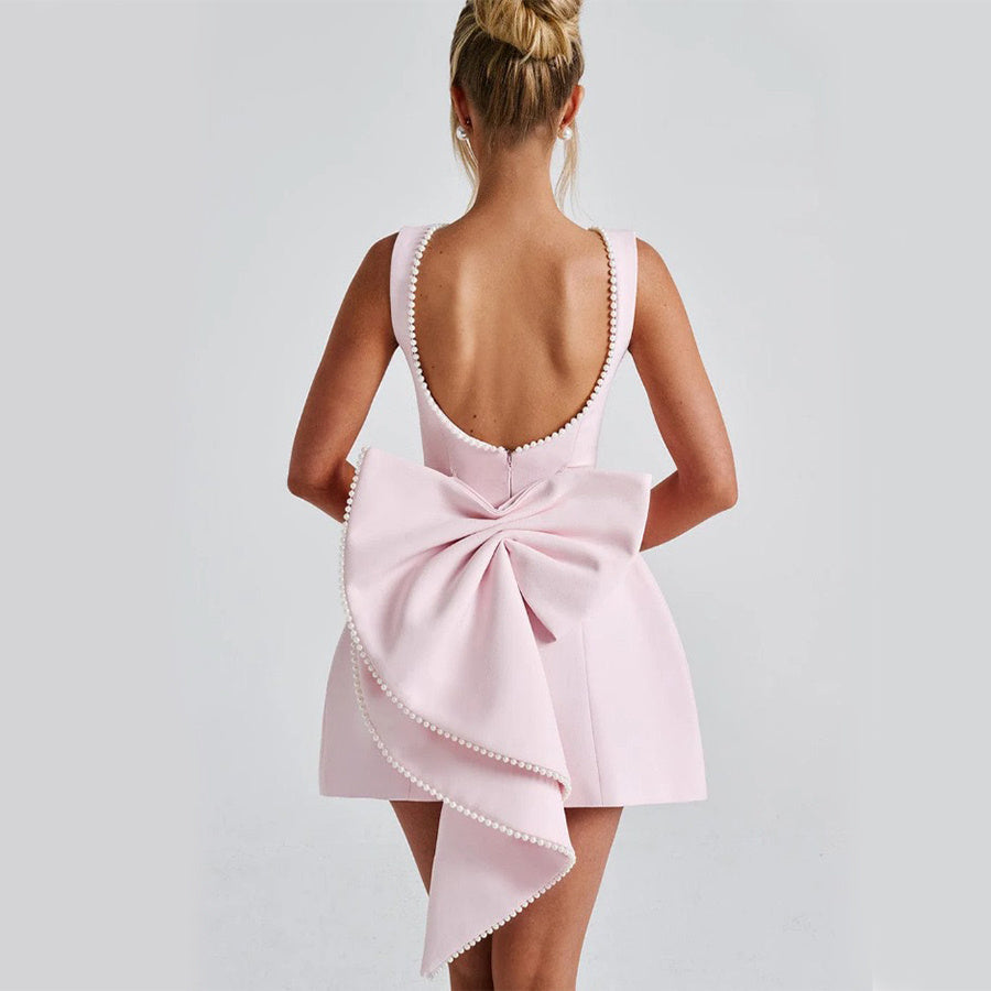 Elegant Backless A-Line Dress for Women – Sleeveless Slim Fit with Pearl & Bow Detail hanyelevate