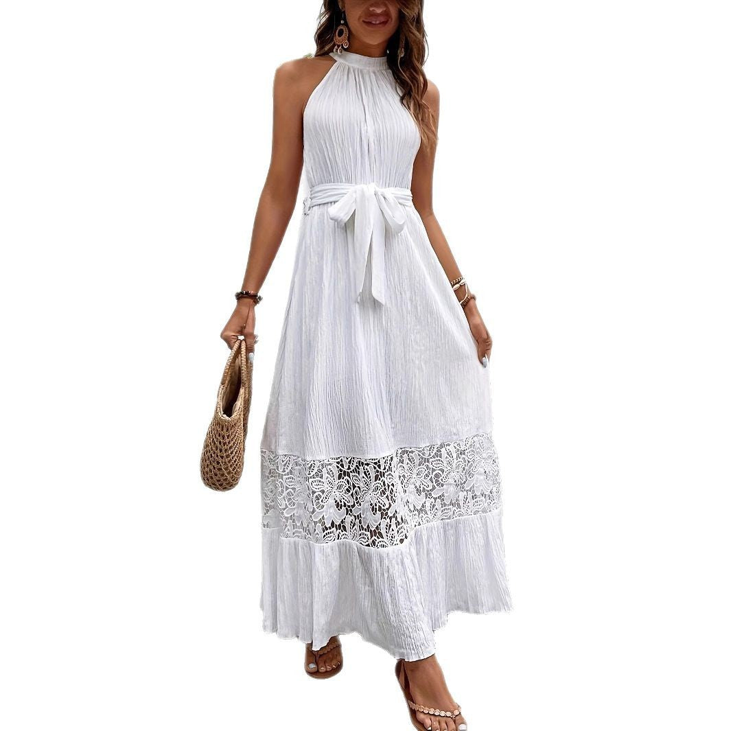 Women’s White Lace Long Dress – Sleeveless Pullover Maxi Dress | Elastic Waist | S–XL | Korean & Japanese Casual Style