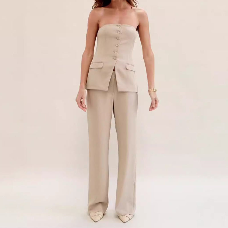 Women’s Tube Top and Pants Set – Sleeveless Button Top with Straight Trousers hanyelevate