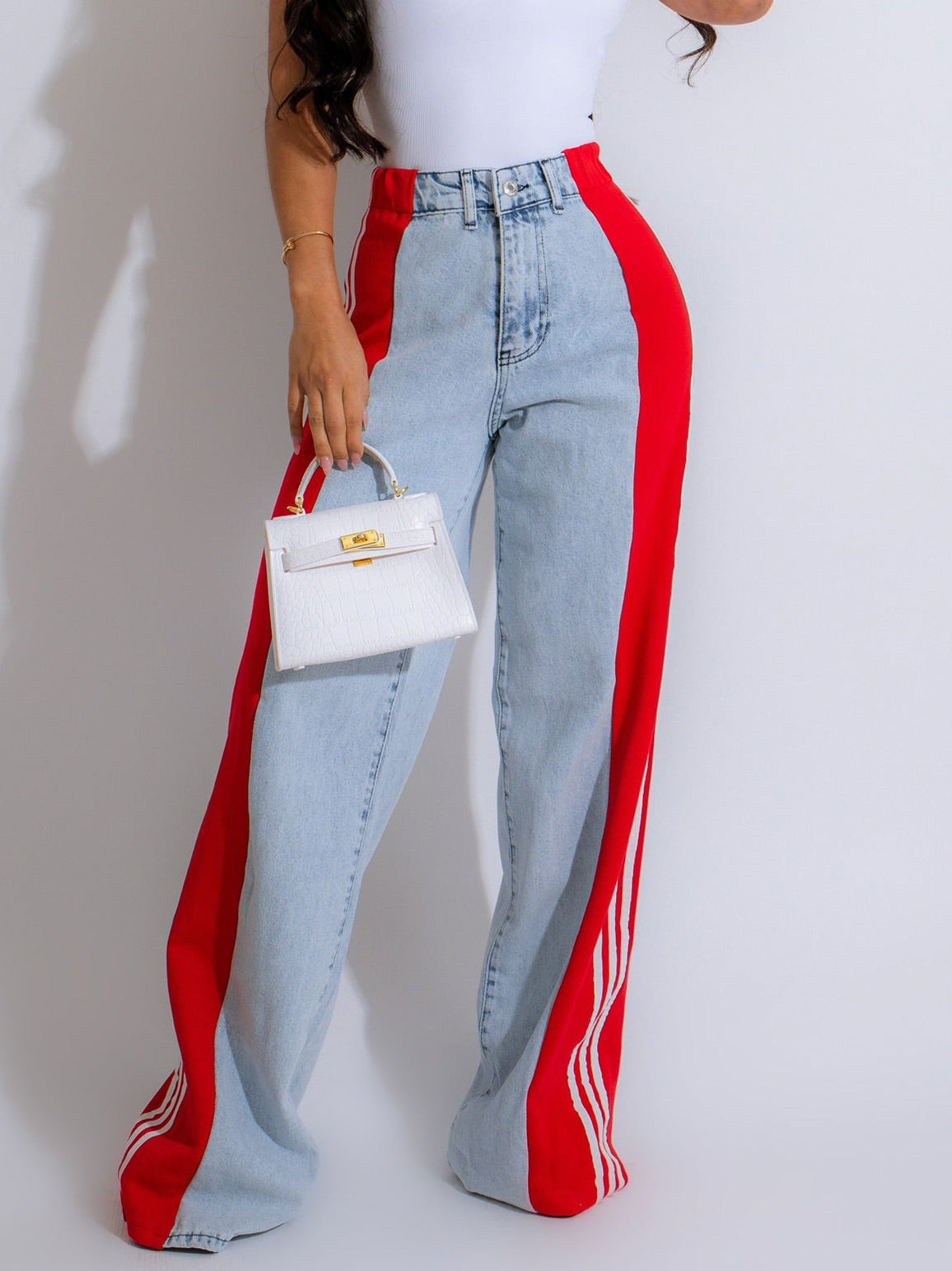 2025 Fashion Casual High Waist Elastic Straight Leg Denim Trousers – Three Stripe Patchwork Wide Leg Pants hanyelevate