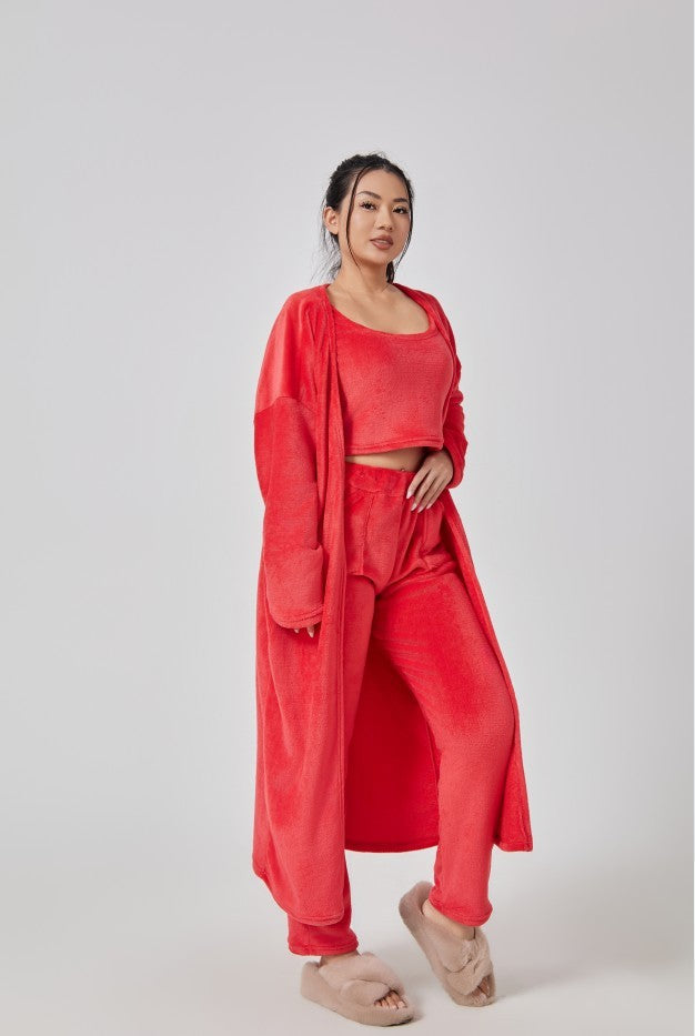 Cozy 3-Piece Pajama Set for Women – Warm Winter Lounge Set with Cardigan, Tank Top & Pants hanyelevate