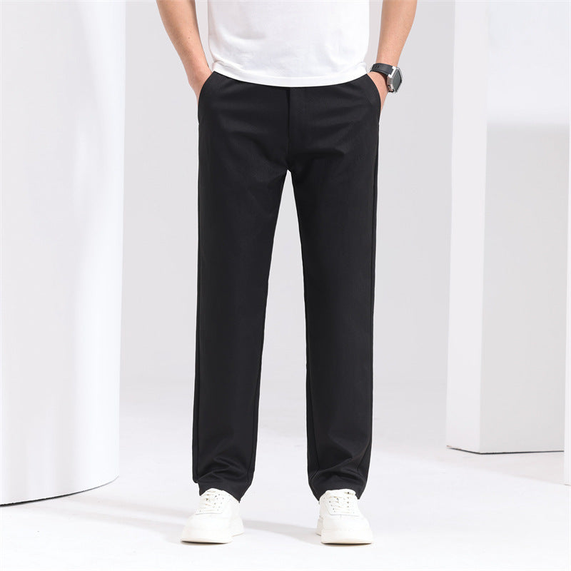 Men’s Youth Basic Mid-Waist Trousers – Thin Polyester Blend, Zipper Fly Casual Pants