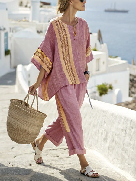 women’s striped co-ord set with batwing top and solid pants hanyelevate