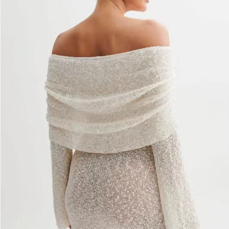 Women’s Spring Summer Knitted Mini Dress – Off Shoulder Long Sleeve Bodycon Party Dress hanyelevate