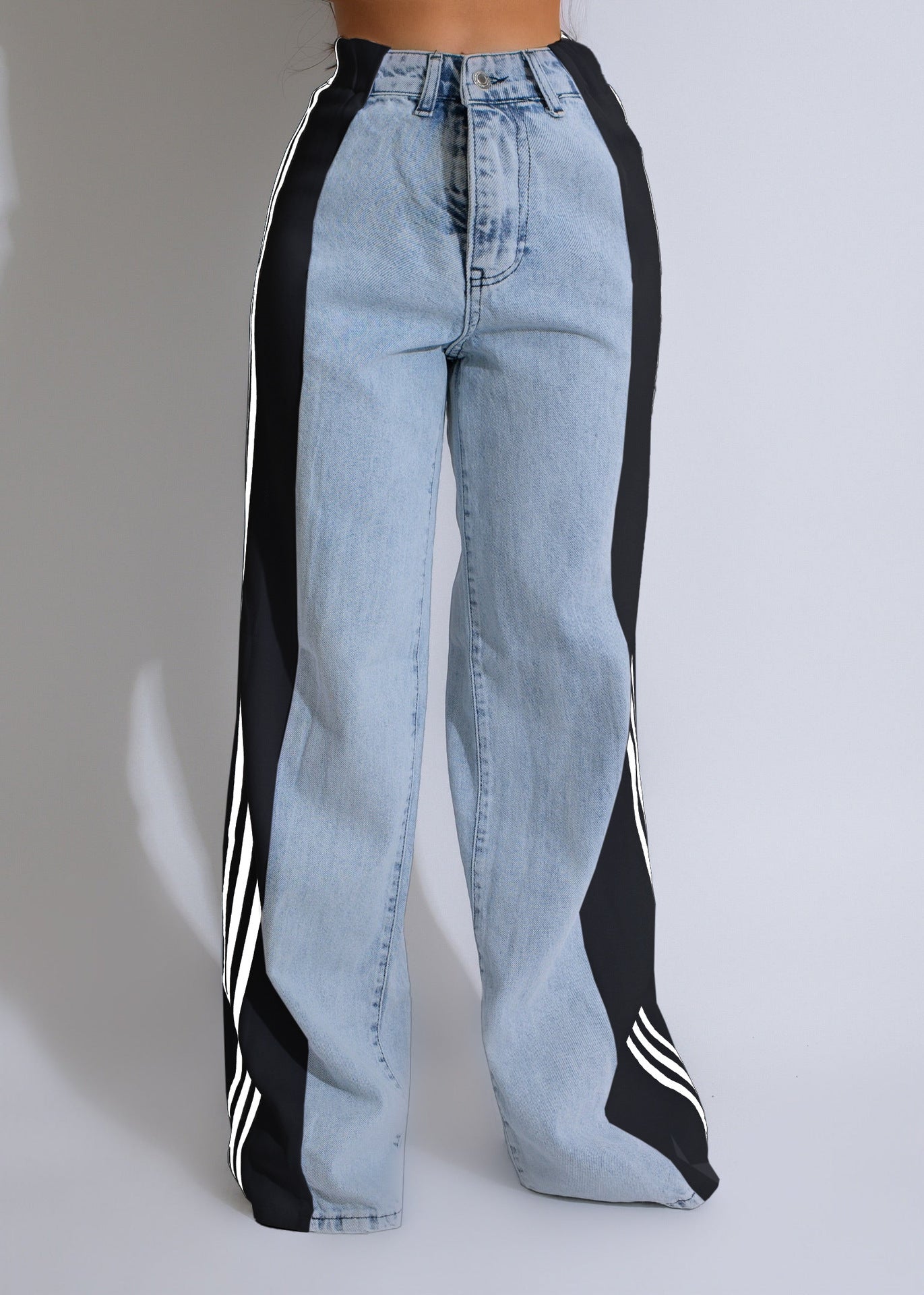 2025 Fashion Casual High Waist Elastic Straight Leg Denim Trousers – Three Stripe Patchwork Wide Leg Pants hanyelevate