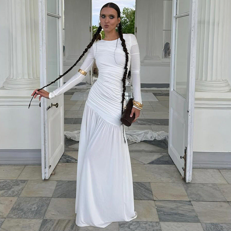 Women’s Asymmetric Long Dress – Solid Color Spliced Pullover | S–L hanyelevate