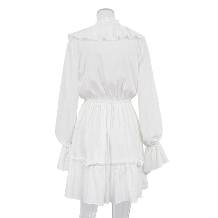 Women’s Short Dress with V Neck and Flared Sleeves – Pleated Ruffle Detail hanyelevate