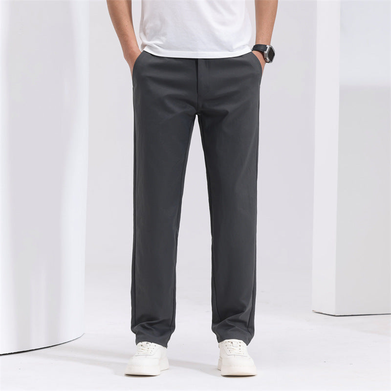 Men’s Youth Basic Mid-Waist Trousers – Thin Polyester Blend, Zipper Fly Casual Pants