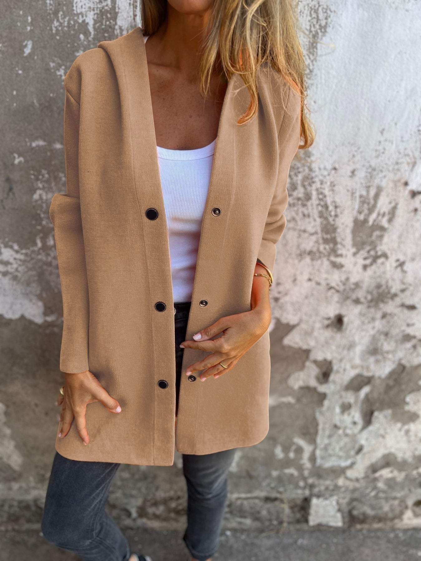 Women’s Casual Hooded Single-Breasted Cardigan – Loose Solid Color Jacket for Spring & Autumn hanyelevate