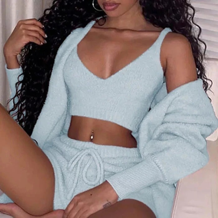 3pcs Womens Clothing Long Sleeve Crop Tank Top And Drawstring Shorts Pajama Set hanyelevate