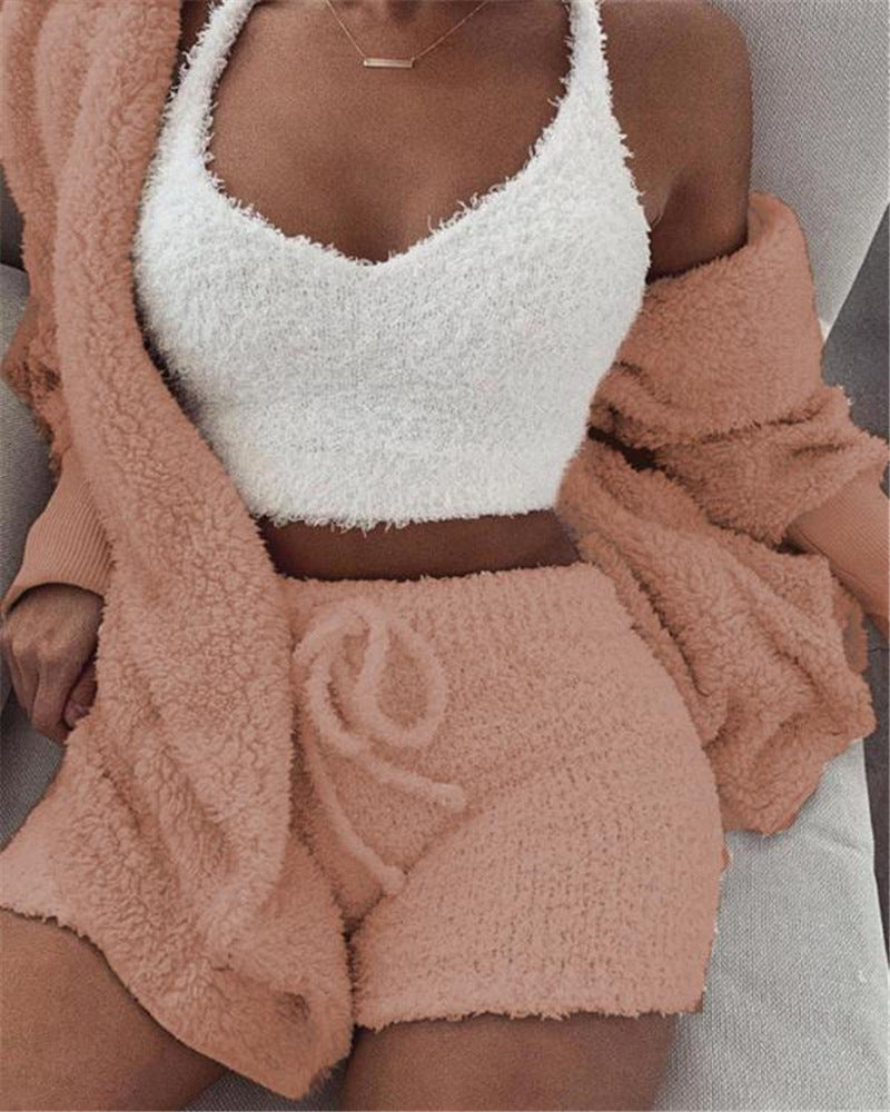 3pcs Womens Clothing Long Sleeve Crop Tank Top And Drawstring Shorts Pajama Set hanyelevate