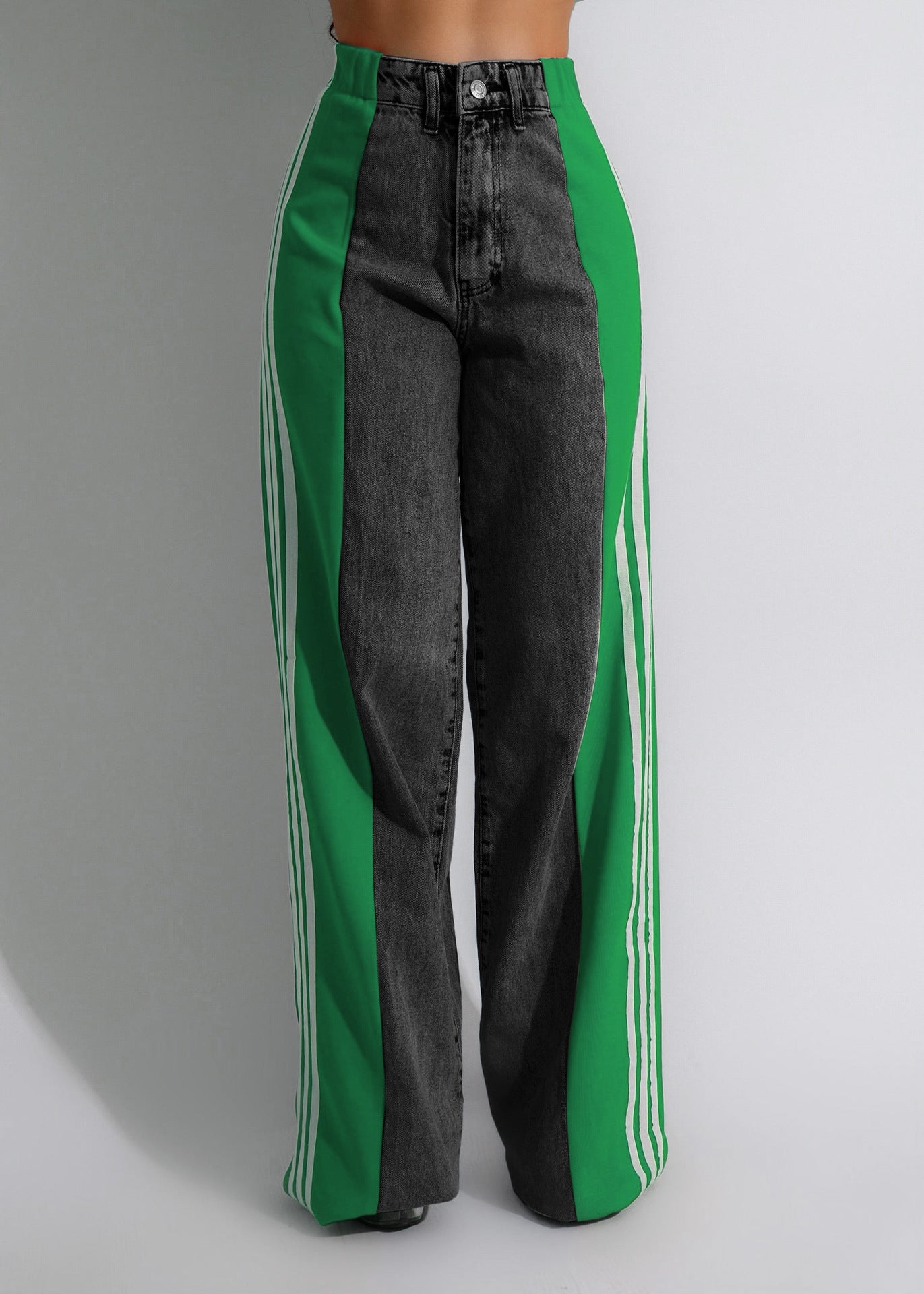 2025 Fashion Casual High Waist Elastic Straight Leg Denim Trousers – Three Stripe Patchwork Wide Leg Pants hanyelevate