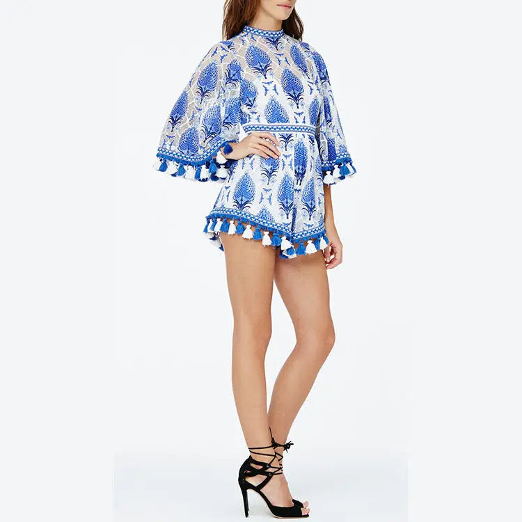 Lace embroidered trumpet sleeves fringed dress pants hanyelevate