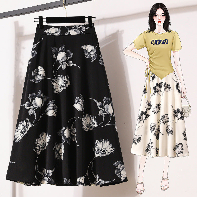Women’s Floral Chiffon A-Line Skirt – Long Maxi Skirt | Temperament Commute Style | White & Black | M–4XL