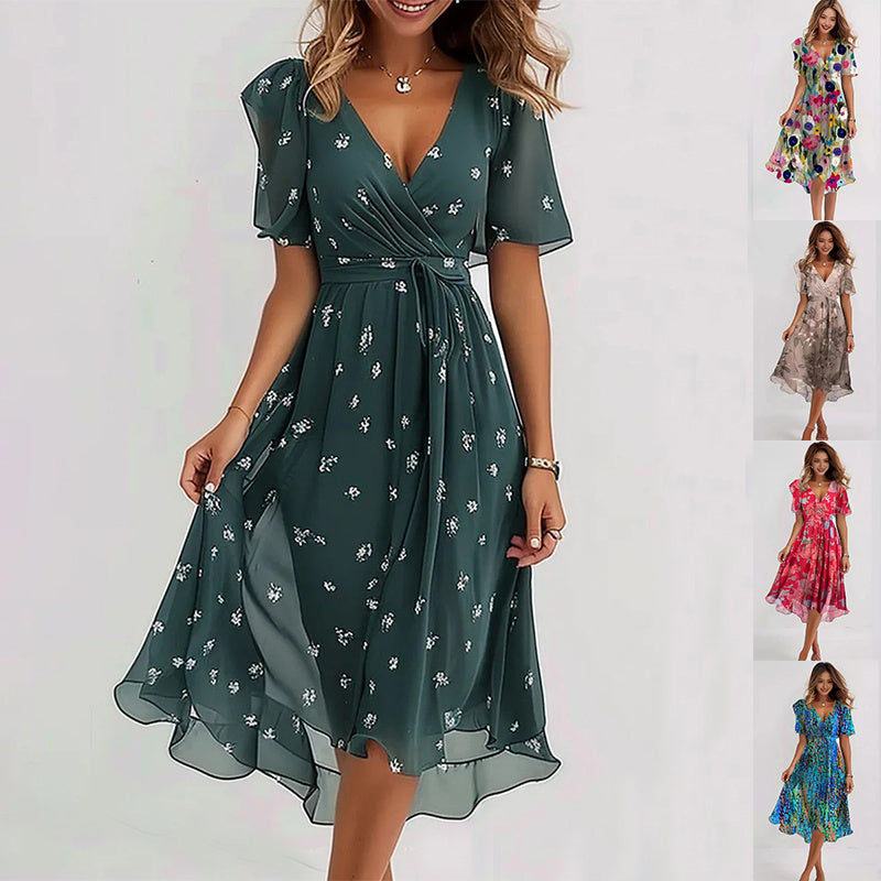 Women’s Summer Chiffon Dress – Elegant V-Neck Printed Short Sleeve Dress hanyelevate