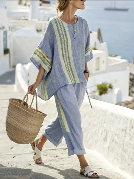 women’s striped co-ord set with batwing top and solid pants hanyelevate