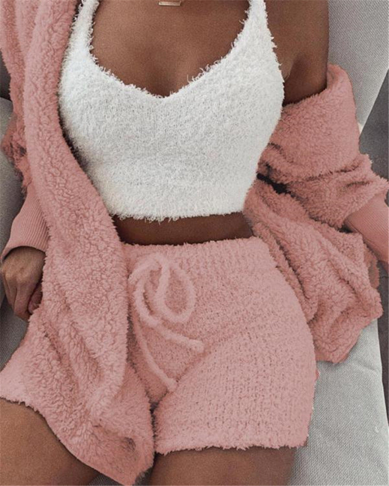 3pcs Womens Clothing Long Sleeve Crop Tank Top And Drawstring Shorts Pajama Set hanyelevate
