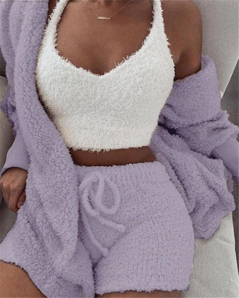 3pcs Womens Clothing Long Sleeve Crop Tank Top And Drawstring Shorts Pajama Set hanyelevate