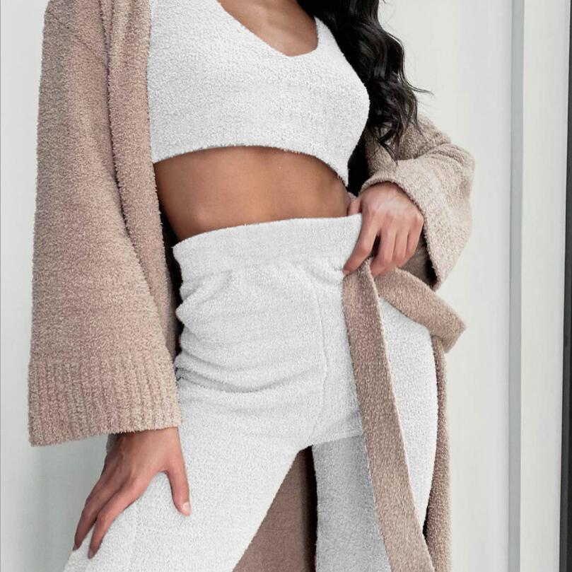 3pcs Womens Clothing Long Sleeve Crop Tank Top And Drawstring Shorts Pajama Set hanyelevate