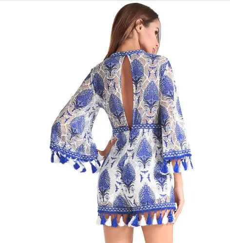 Lace embroidered trumpet sleeves fringed dress pants hanyelevate