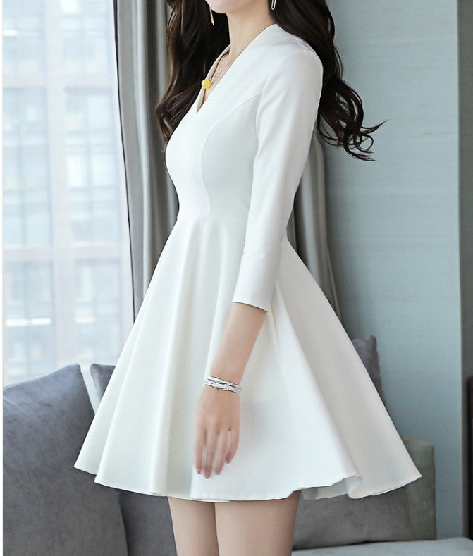 Korean Dress for Women – Elegant Pleated Lace Midi, Long Sleeve Korean Style Outfit (S–XL, White/Black) hanyelevate