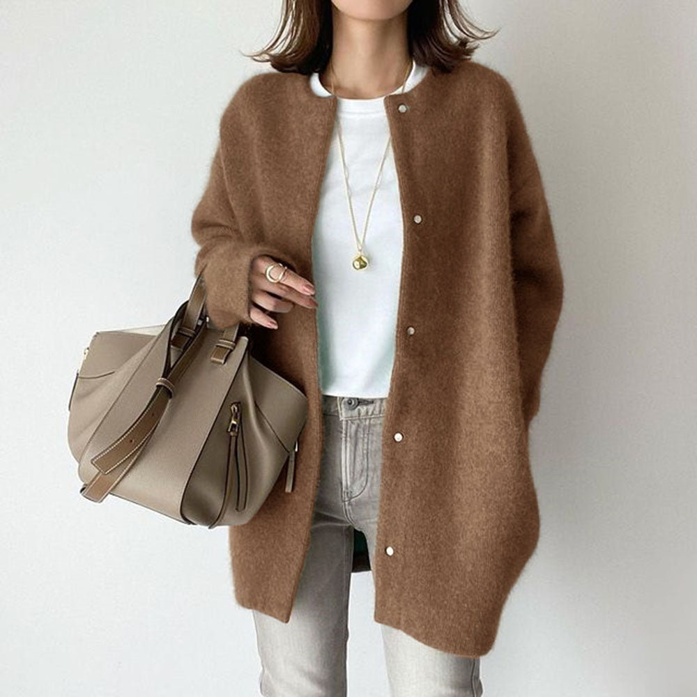 Autumn & Winter Women’s Solid Color Cardigan – Loose Round Neck Single Breasted Coat hanyelevate