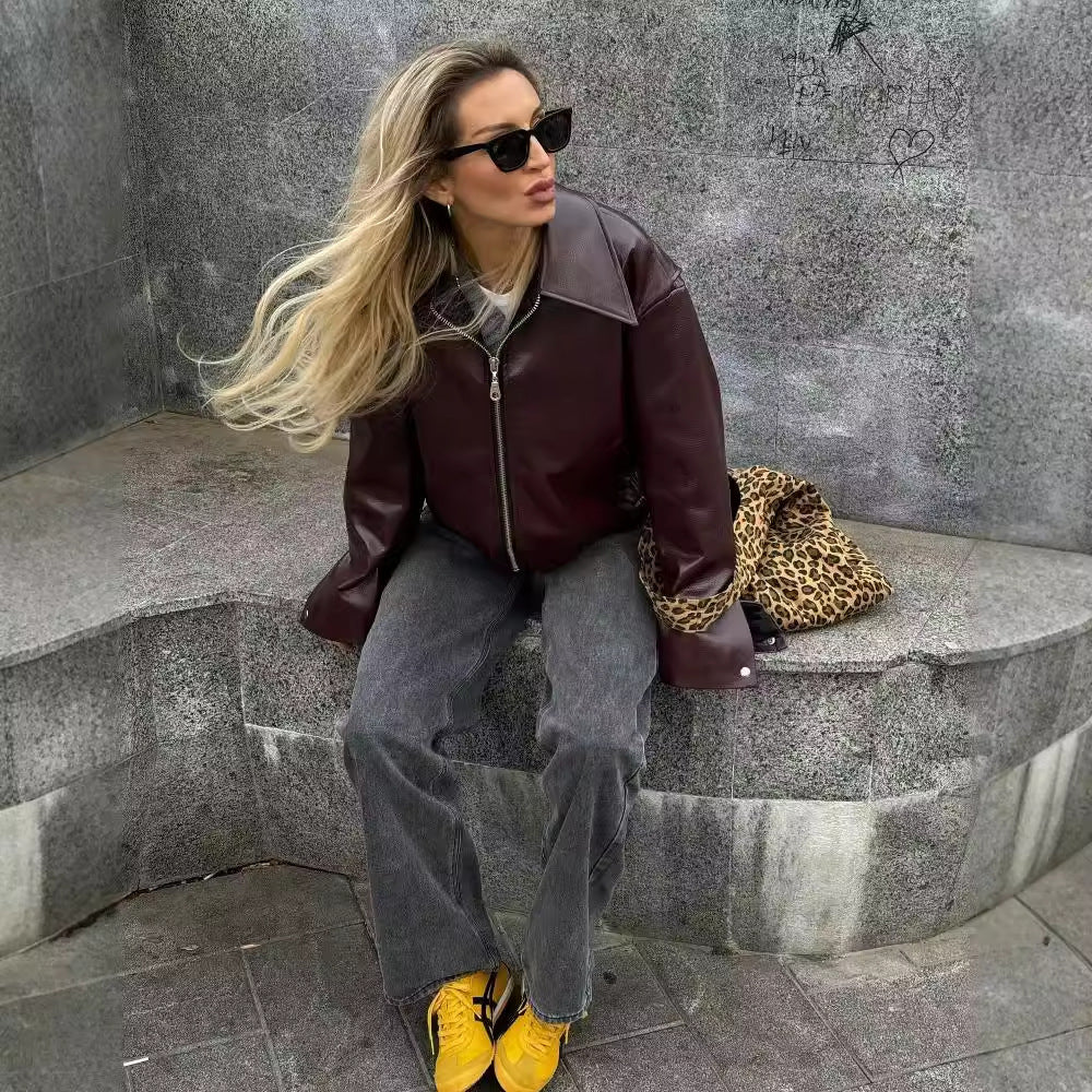 Women’s Solid Color Leather Jacket – Fashion Lapel Zipper Long Sleeve Coat hanyelevate