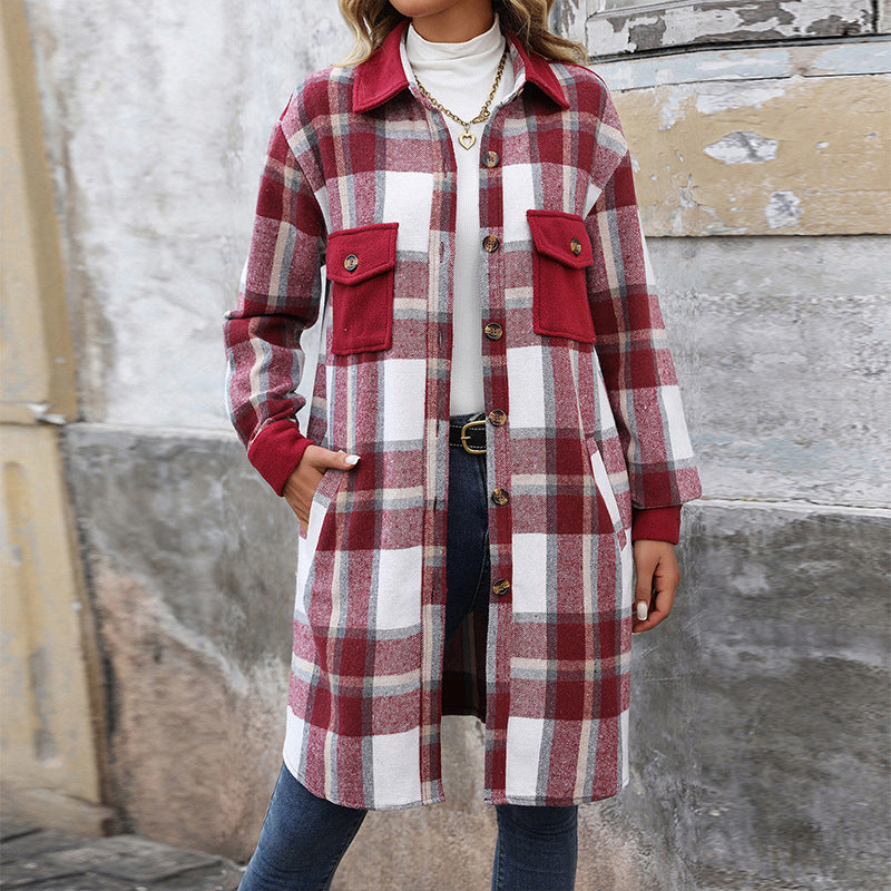 Cozy Women’s Plaid Long Jacket – Brushed Fabric Winter Coat with Pockets hanyelevate