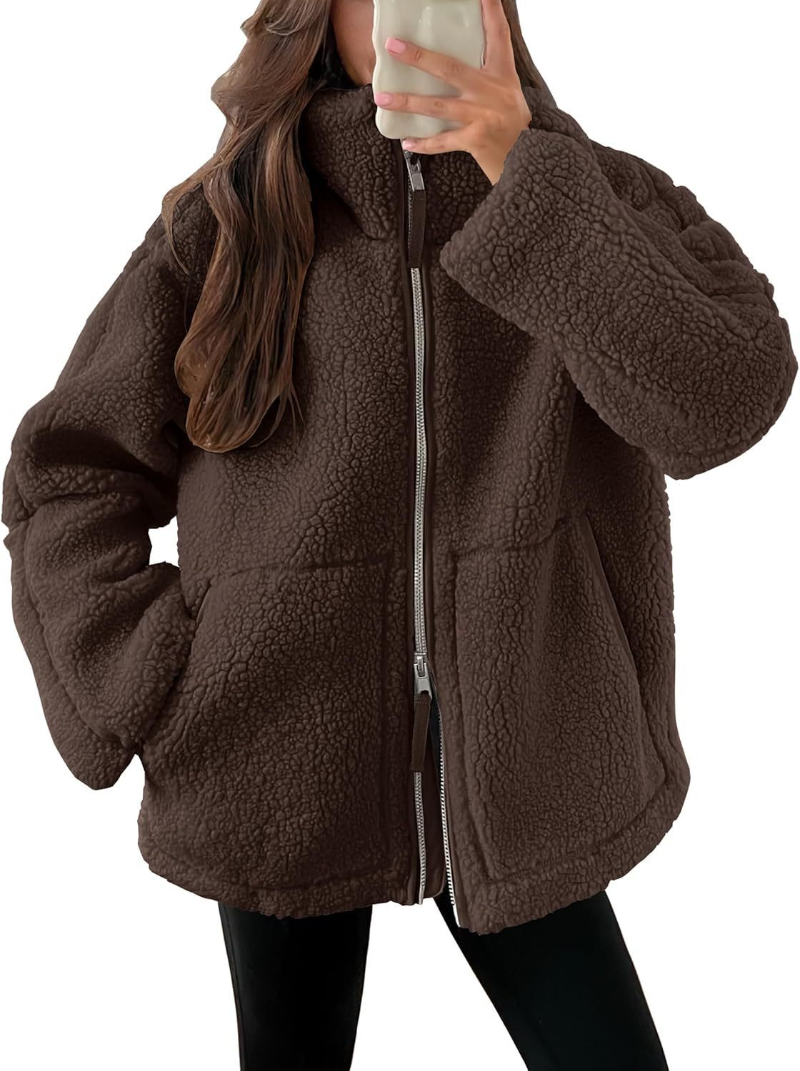 Women’s Cozy Winter Zip-Up Coat – Lapel Collar Fleece Jacket with Pockets hanyelevate
