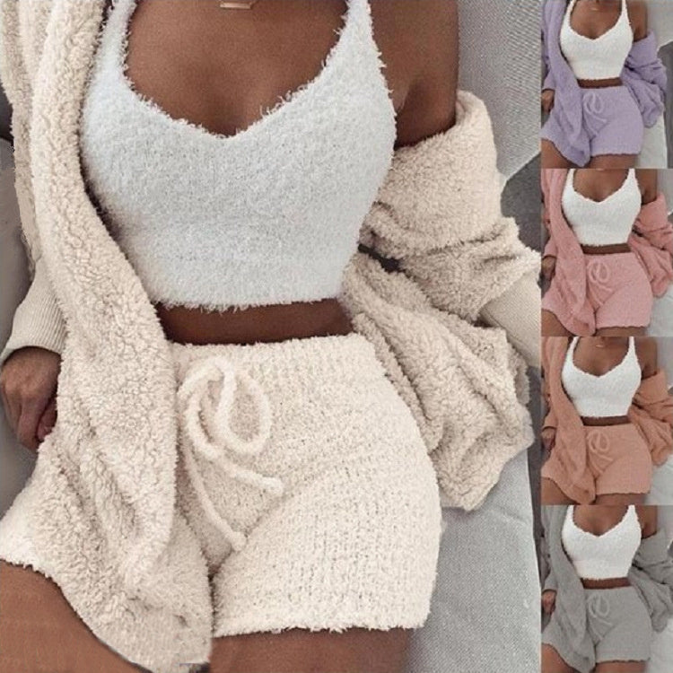 3pcs Womens Clothing Long Sleeve Crop Tank Top And Drawstring Shorts Pajama Set hanyelevate