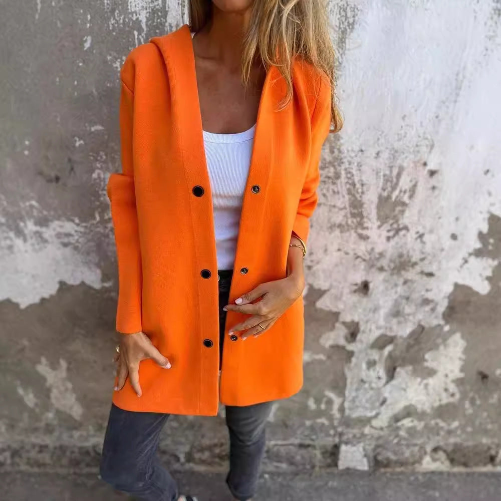 Women’s Casual Hooded Single-Breasted Cardigan – Loose Solid Color Jacket for Spring & Autumn hanyelevate
