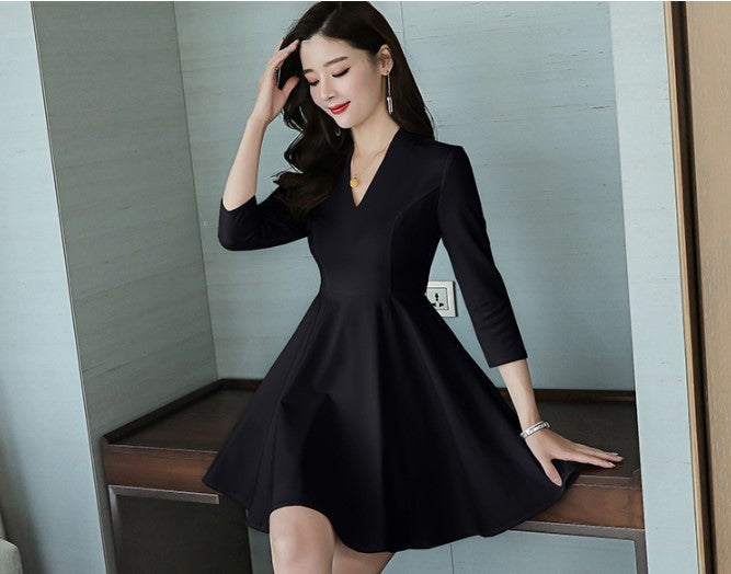 Korean Dress for Women – Elegant Pleated Lace Midi, Long Sleeve Korean Style Outfit (S–XL, White/Black) hanyelevate