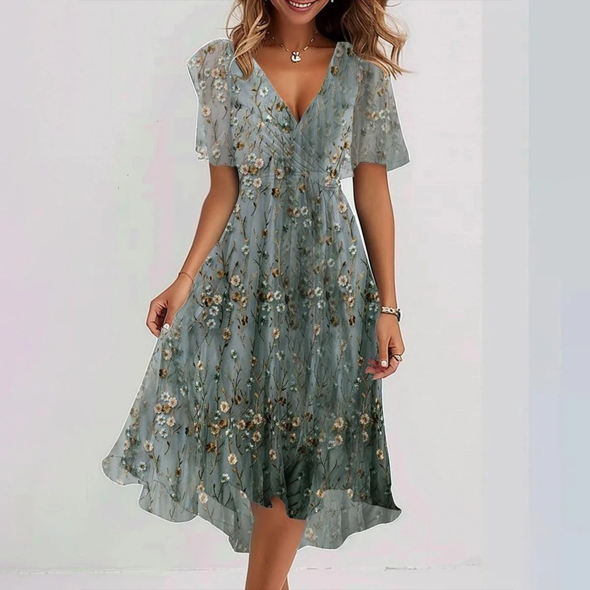 Women’s Summer Chiffon Dress – Elegant V-Neck Printed Short Sleeve Dress hanyelevate