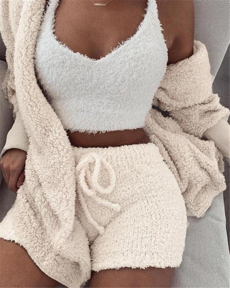 3pcs Womens Clothing Long Sleeve Crop Tank Top And Drawstring Shorts Pajama Set hanyelevate