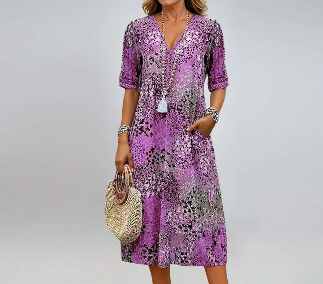 Summer V-neck Half-sleeved Dress With Pockets Fashion Ethnic Print Dresses Beach Holiday Clothing For Women hanyelevate