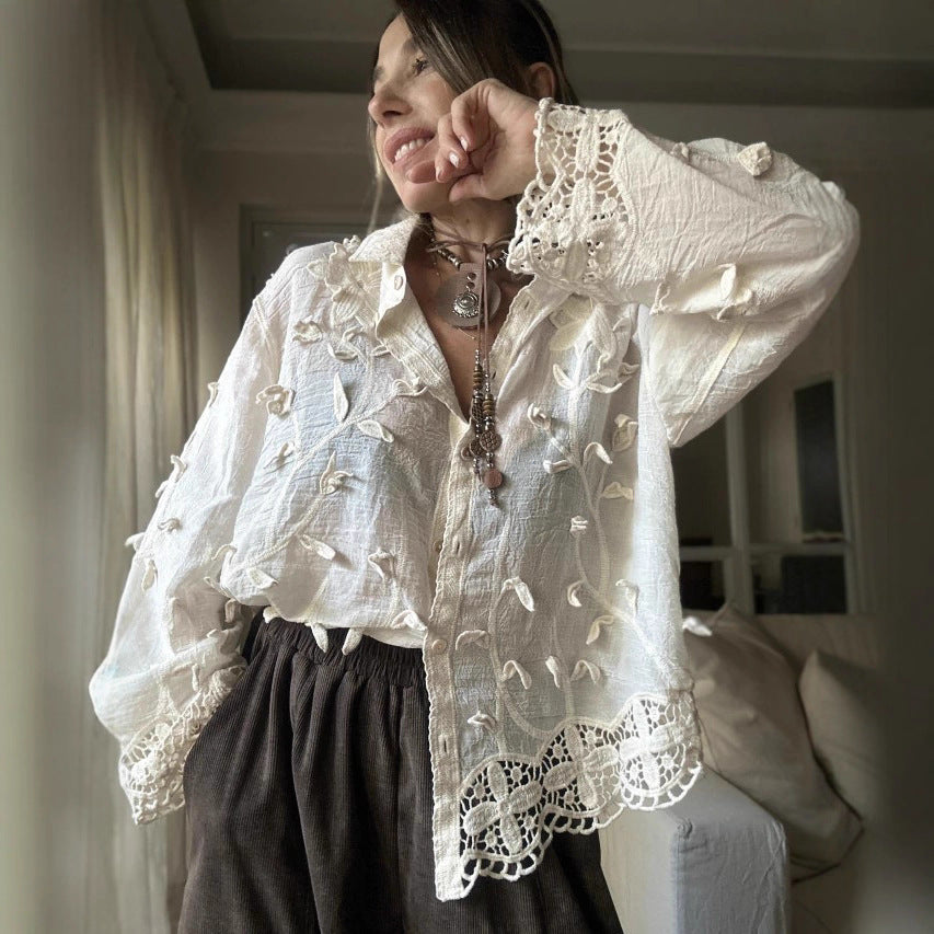Women’s Solid Color Crochet Flower Embroidered Cotton Blouse – Long Sleeve Loose Fit