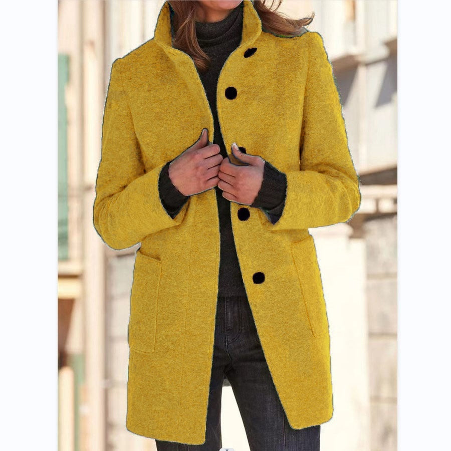 Women’s Stand Collar Woolen Coat – Casual Fall Winter Button Outwear with Pockets hanyelevate