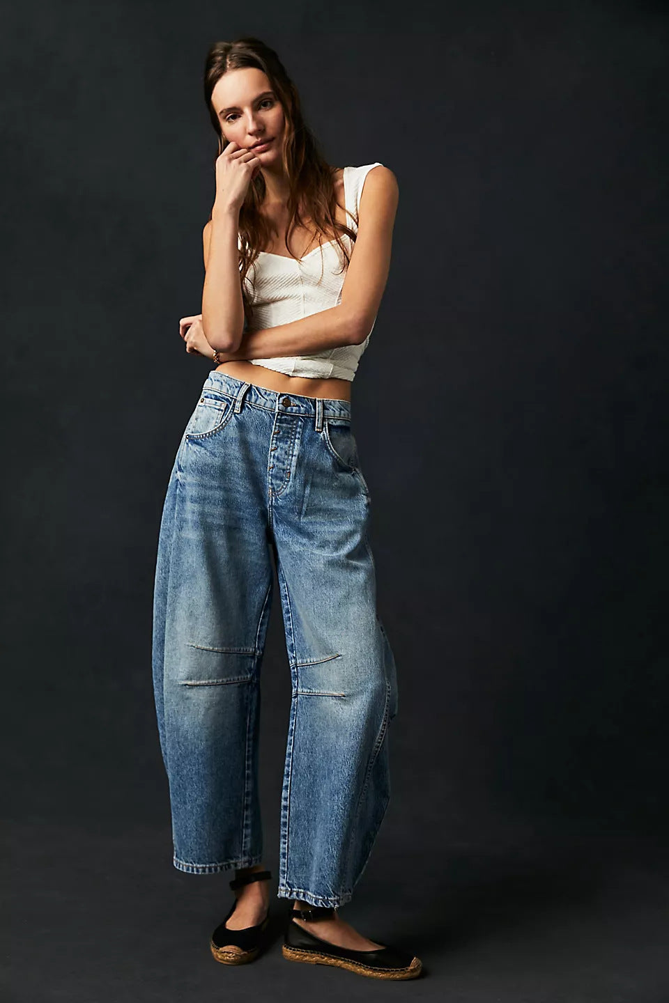 High Stretch Mid-Rise Barrel Jeans Fashion Wide Leg Shape Women Casual Baggy Mid Waist Denim Jeans hanyelevate