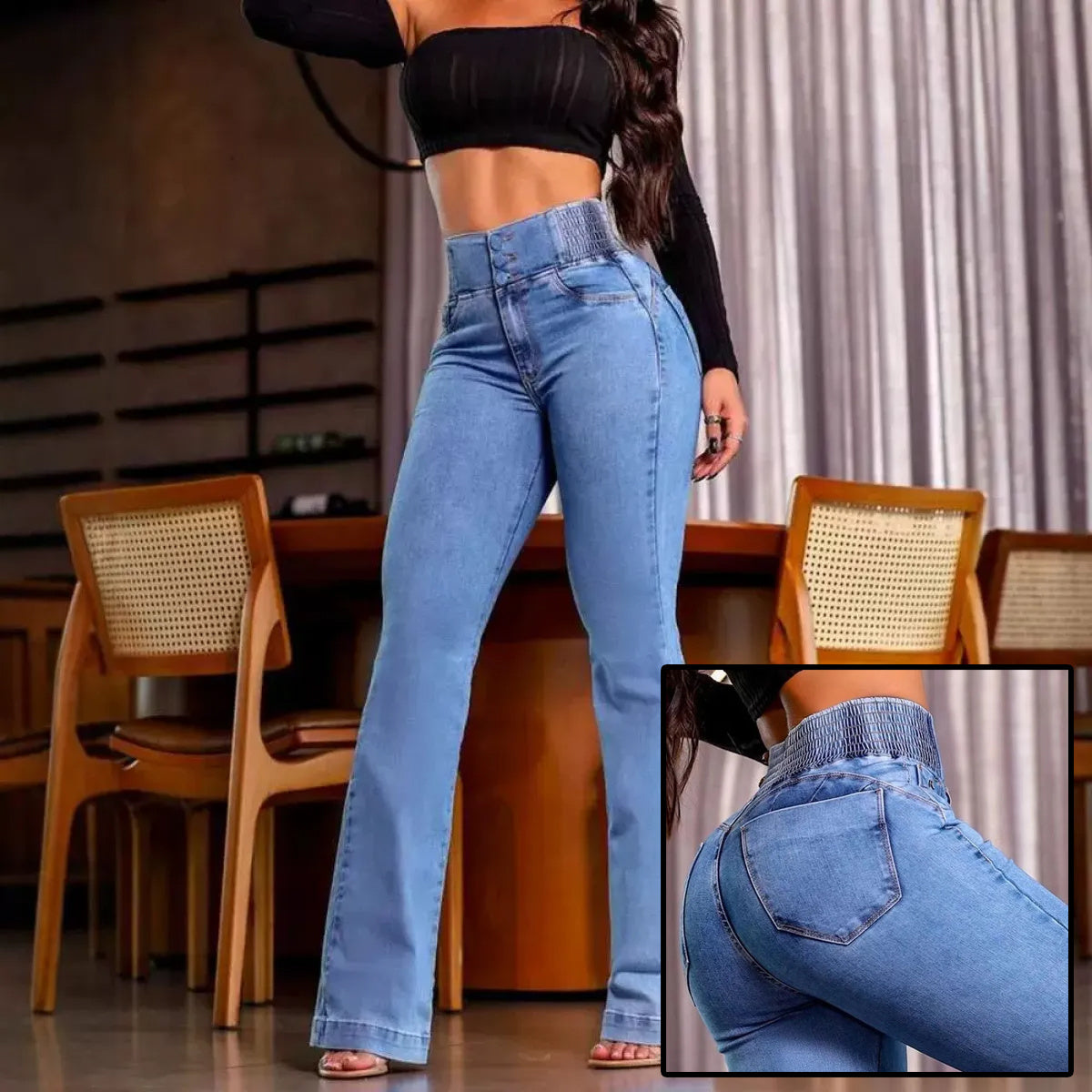Women’s High Waist Jeans – Sexy Elegant Back Shirred Trousers with Front Button Design hanyelevate