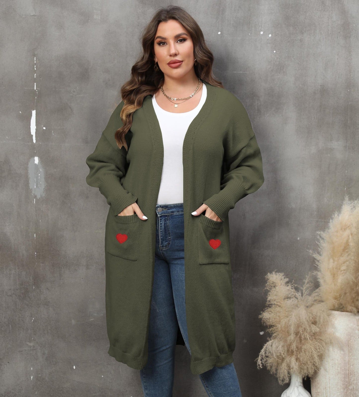 Plus Size Mid-Length Knit Cardigan for Women – Love Pattern, Lantern Sleeves, and Pockets hanyelevate