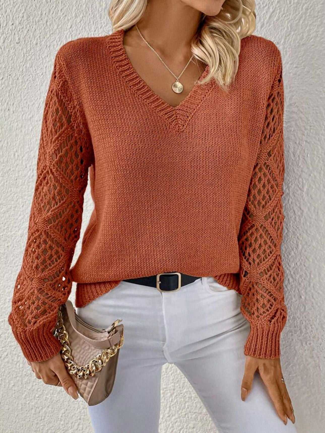 Solid V-Neck Hollow Sleeve Pullover Sweater – Women’s Fashion Long Sleeve Top hanyelevate