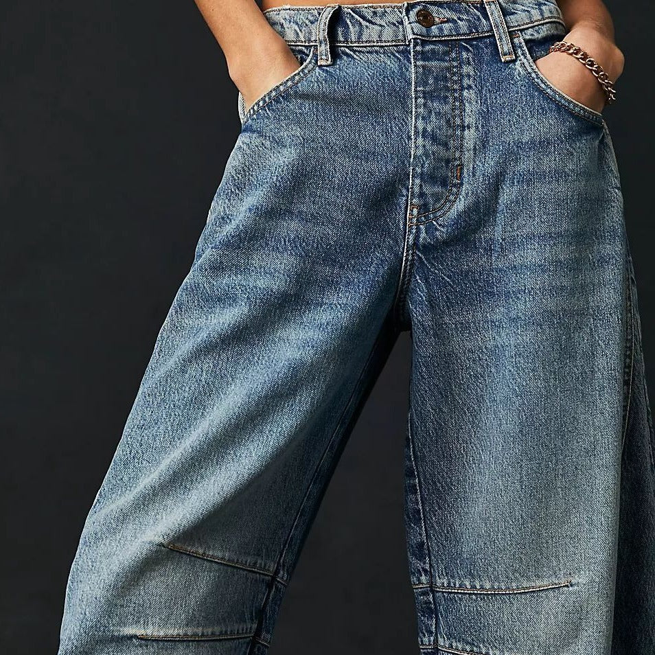 High Stretch Mid-Rise Barrel Jeans Fashion Wide Leg Shape Women Casual Baggy Mid Waist Denim Jeans hanyelevate