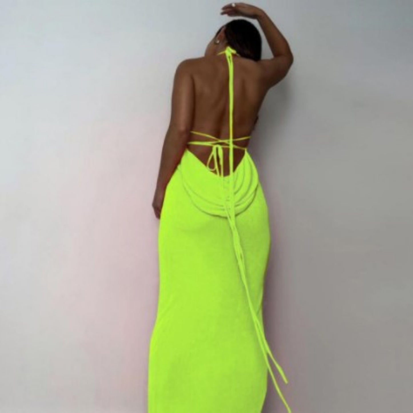 Women’s Halter Neck Sleeveless Dress – Yellow Mid Waist Polyester Summer Outfit