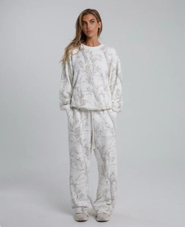 2025 Autumn Winter Women’s Camouflage Two-Piece Set – Maple Leaf Print Hoodie & Sweatpants hanyelevate