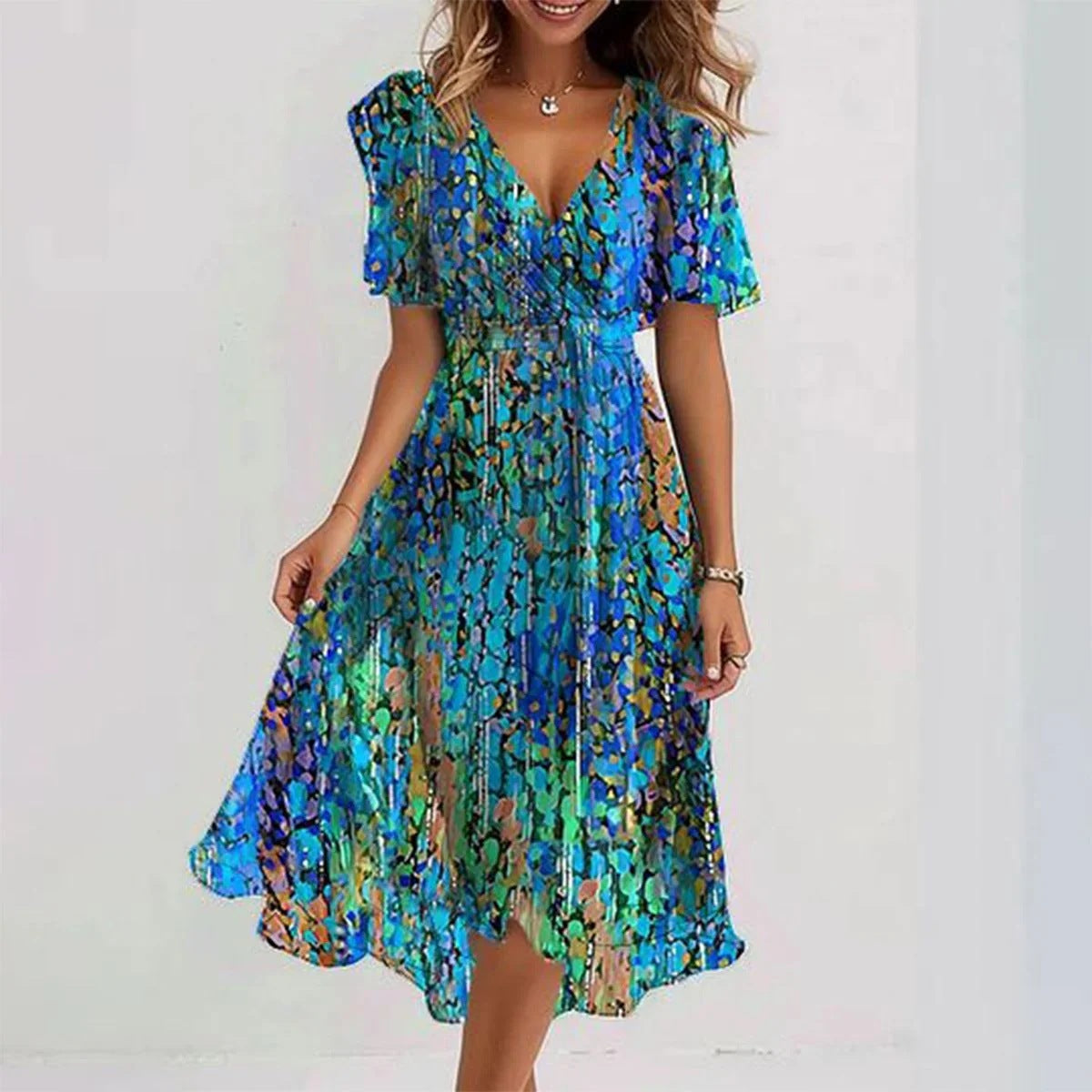 Women’s Summer Chiffon Dress – Elegant V-Neck Printed Short Sleeve Dress hanyelevate
