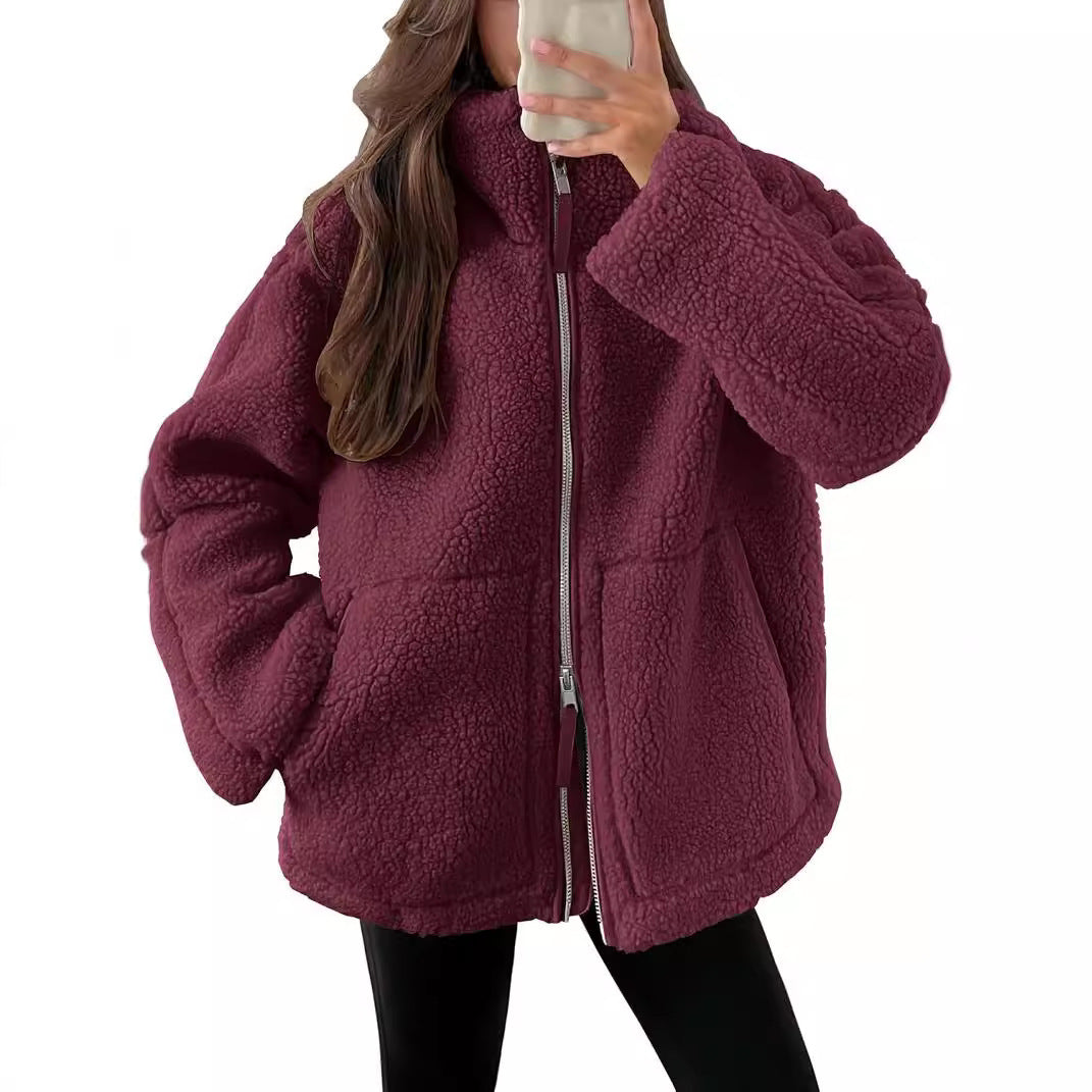 Women’s Cozy Winter Zip-Up Coat – Lapel Collar Fleece Jacket with Pockets hanyelevate