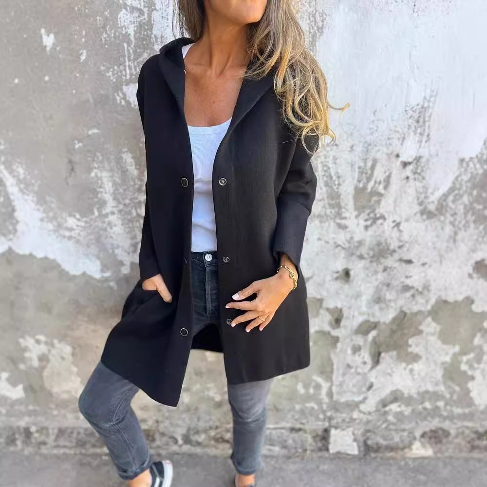 Women’s Casual Hooded Single-Breasted Cardigan – Loose Solid Color Jacket for Spring & Autumn hanyelevate