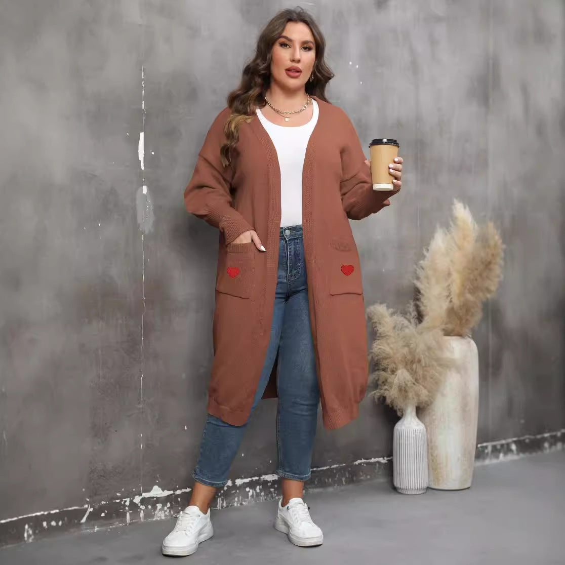 Plus Size Mid-Length Knit Cardigan for Women – Love Pattern, Lantern Sleeves, and Pockets hanyelevate