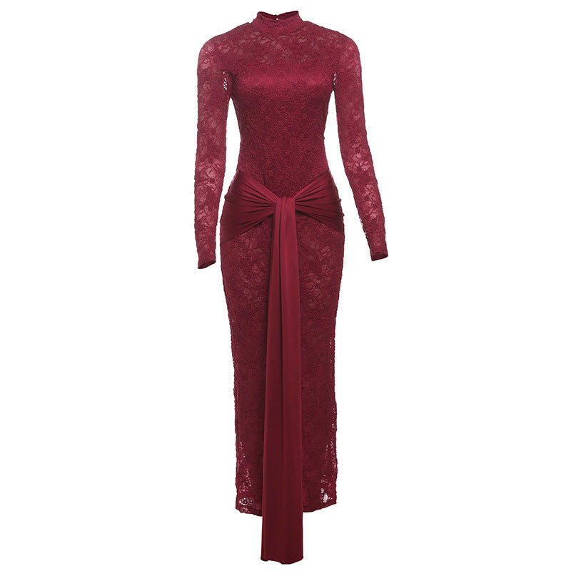 Women’s Solid Color Lace Asymmetric High Waist Long Skirt – Wine Red